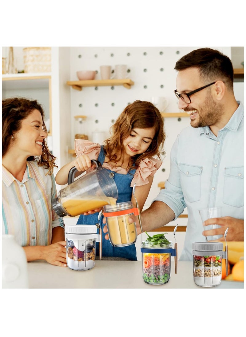 Arabest - 2PCS Overnight Oats Jars with Lid and Spoon, 350ml Large Capacity Airtight Oatmeal Container with Measurement Marks, Portable Jars Breakfast Container for Salads Yogurt Cereal Milk (White and Blue) - Image 1