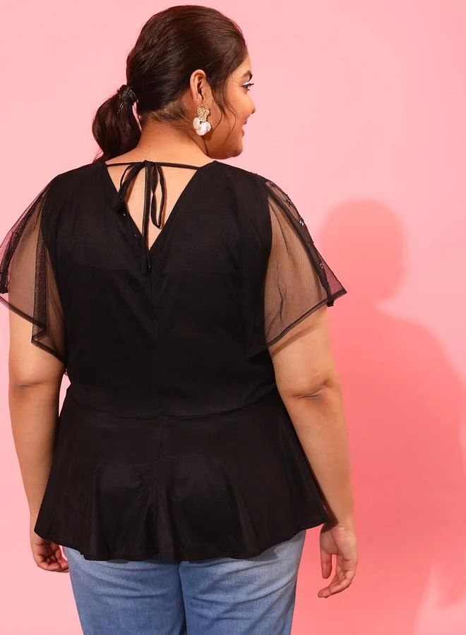 STREET 9 STREET 9 Embellished V-Neck Frill Sleeve Peplum Top