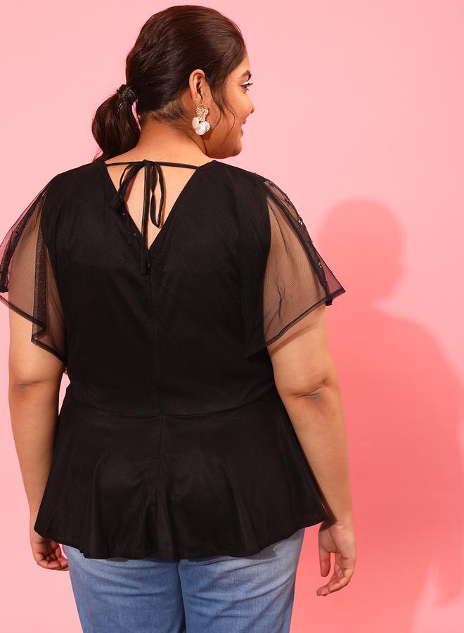 STREET 9 Embellished V-Neck Frill Sleeve Peplum Top - Image 5