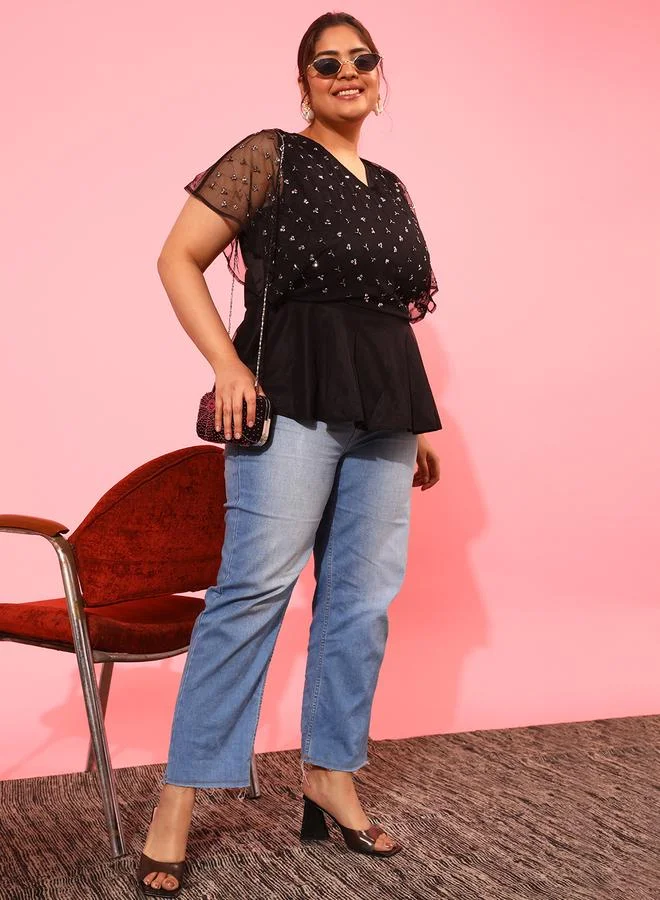 STREET 9 STREET 9 Embellished V-Neck Frill Sleeve Peplum Top