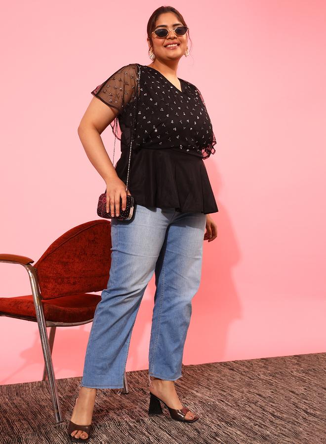 STREET 9 Embellished V-Neck Frill Sleeve Peplum Top - Image 2