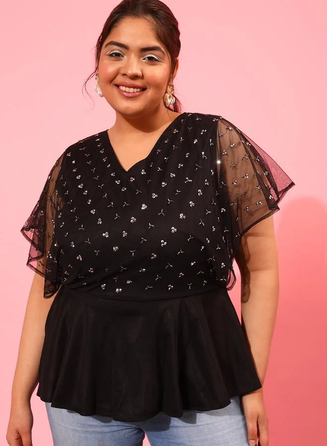 STREET 9 STREET 9 Embellished V-Neck Frill Sleeve Peplum Top