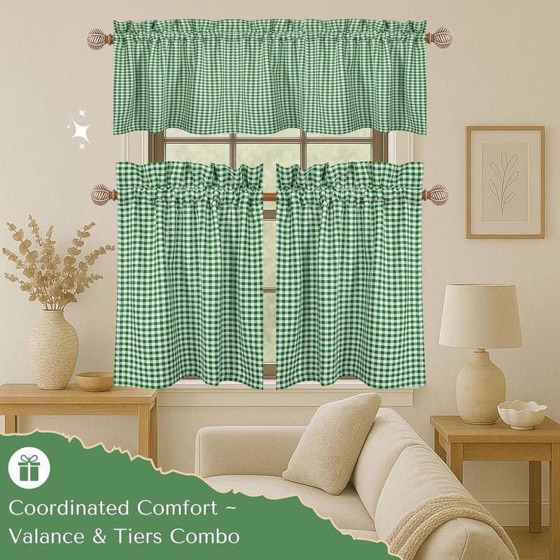Native Fab Gingham Buffalo Check 3 Piece Window Curtain Tiers 26"x36" and Valance 54"x18" Set - Rod Pocket - Semi Sheer - Short Curtain for Kitchen, Cafe, Living Room - Lemon Green White - Image 3