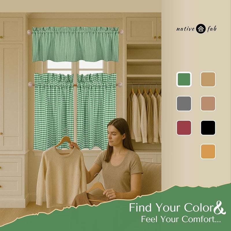 Native Fab Gingham Buffalo Check 3 Piece Window Curtain Tiers 26"x36" and Valance 54"x18" Set - Rod Pocket - Semi Sheer - Short Curtain for Kitchen, Cafe, Living Room - Lemon Green White - Image 2