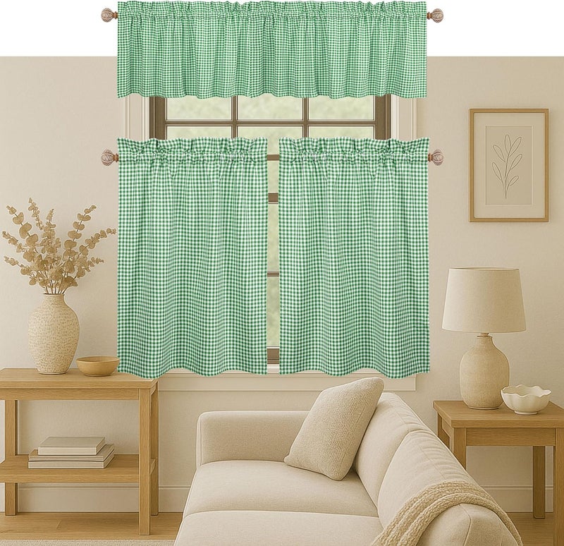 Native Fab Gingham Buffalo Check 3 Piece Window Curtain Tiers 26"x36" and Valance 54"x18" Set - Rod Pocket - Semi Sheer - Short Curtain for Kitchen, Cafe, Living Room - Lemon Green White - Image 1