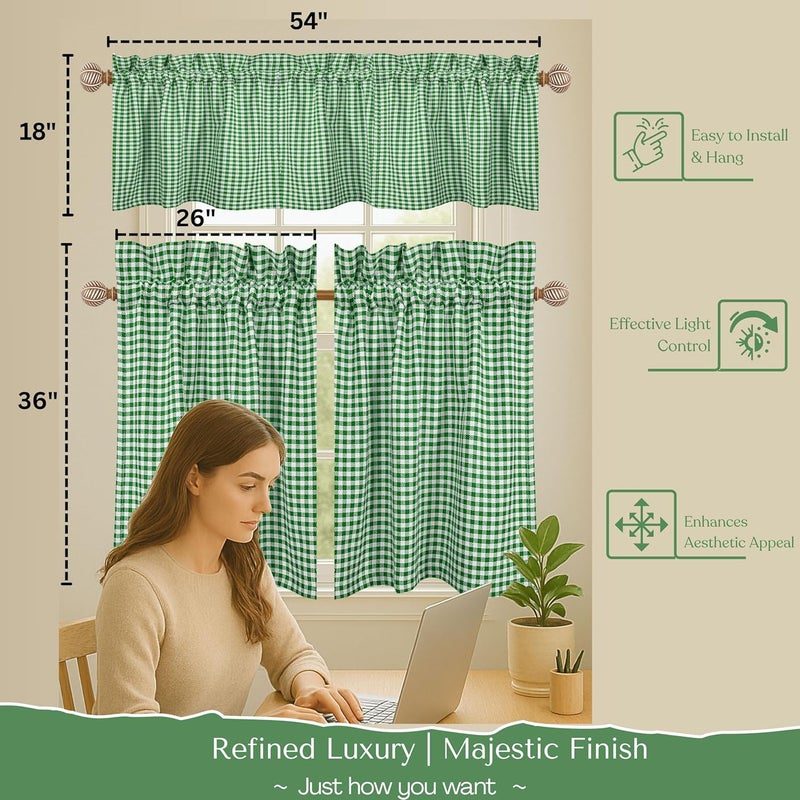 Native Fab Gingham Buffalo Check 3 Piece Window Curtain Tiers 26"x36" and Valance 54"x18" Set - Rod Pocket - Semi Sheer - Short Curtain for Kitchen, Cafe, Living Room - Lemon Green White - Image 5
