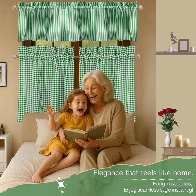 Native Fab Gingham Buffalo Check 3 Piece Window Curtain Tiers 26"x36" and Valance 54"x18" Set - Rod Pocket - Semi Sheer - Short Curtain for Kitchen, Cafe, Living Room - Lemon Green White - Image 4
