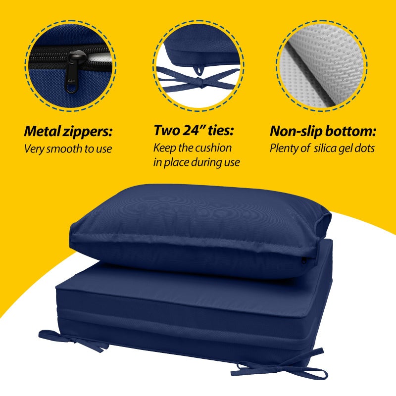 AAAAAcessories Outdoor Seat Cushions for Chairs, Fade-Resistant, Waterproof Patio Furniture Replacement Cushions, 25.5" x 25.5" x 5" + 25.5" x 13.5", Navy Blue - Image 3