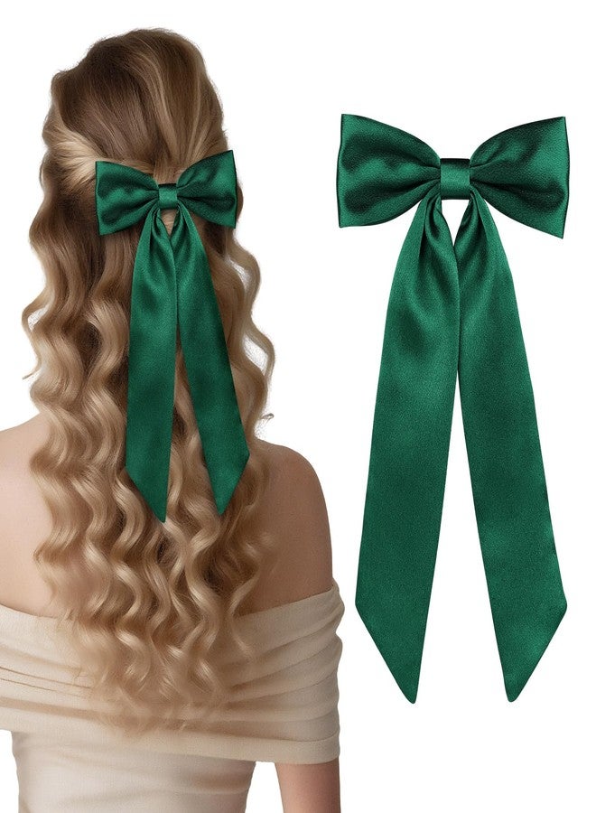 WantGor Long Tail Bow Hair Clips, Hair Ribbon Bows Satin Bowknot Clip Large Hair Barrettes Cute Ponytail Holder Hair Accessories for Women Daily Party Wedding Prom (Green) - Image 2