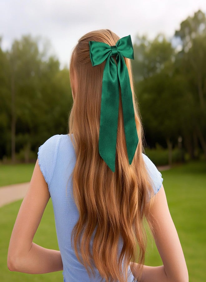 WantGor Long Tail Bow Hair Clips, Hair Ribbon Bows Satin Bowknot Clip Large Hair Barrettes Cute Ponytail Holder Hair Accessories for Women Daily Party Wedding Prom (Green) - Image 5