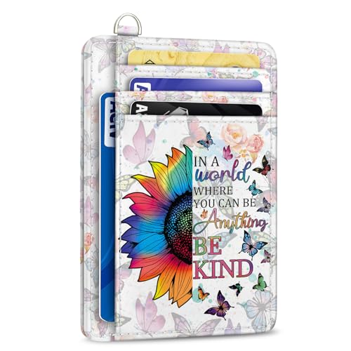 Yonlevres Credit Card Holder Slim Wallet, Be Kind Sunflower RFID Wallet Women Front Pocket Small Card Holder Travel Funny Cute Thin Card Case ID Window PU Leather RFID Blocking Card Organizer Gift - Image 1