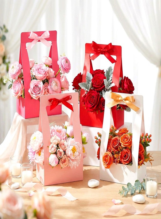 Teling 24 Pcs Valentine's Day Flower Boxes for Arrangements Multicolor Flower Bags for Bouquets Paper Floral Gift Bag Portable Waterproof Floral Box with Handle for Wedding Party Florist Supplies - Image 2