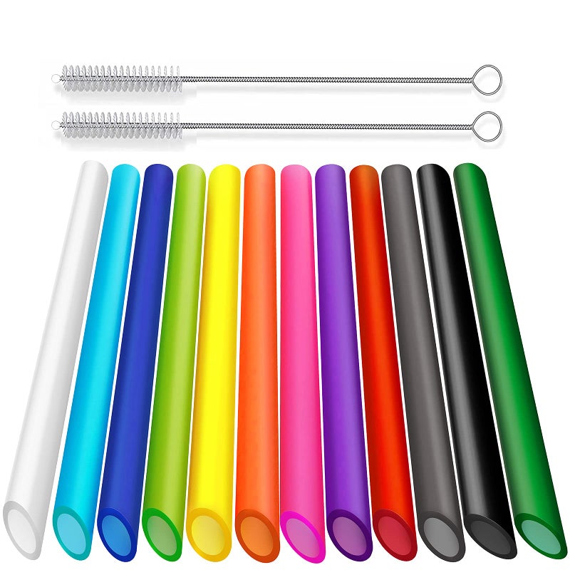 ALINK 12 PCS Reusable Boba Straws, 13 mm x 10.5 inch Long Wide Colored Plastic Smoothie Straws for Bubble Tea, Tapioca Pearls with 2 Cleaning Brush - Pointed Design - Image 1