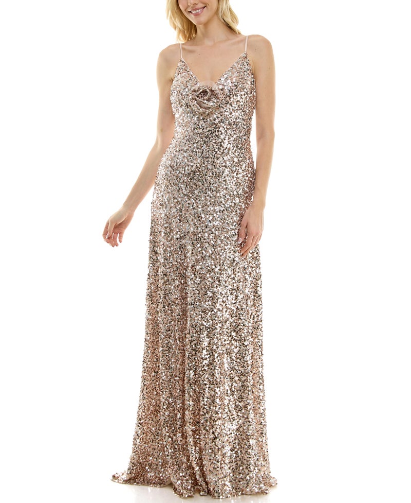 Taylor Women's Sleeveless Sequin Stretch Mesh V Neck Detail Gown, Rose Gold - Image 3