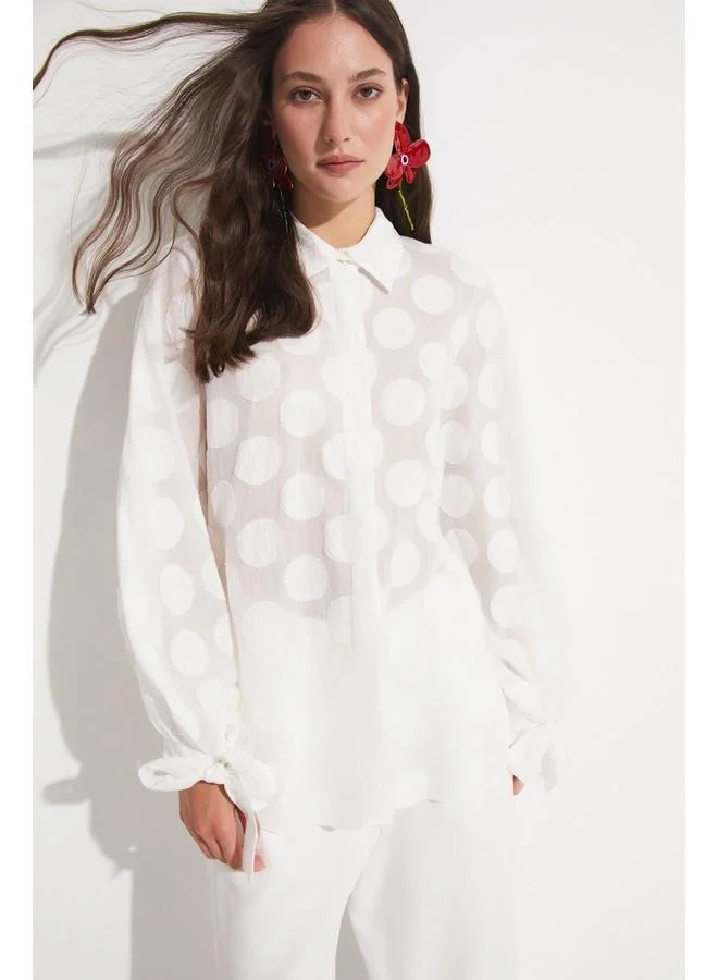 JUNE June Women Exclusive Oversize/Loose Fit Linen Blend Polka Dot Fited Shirt Ecru