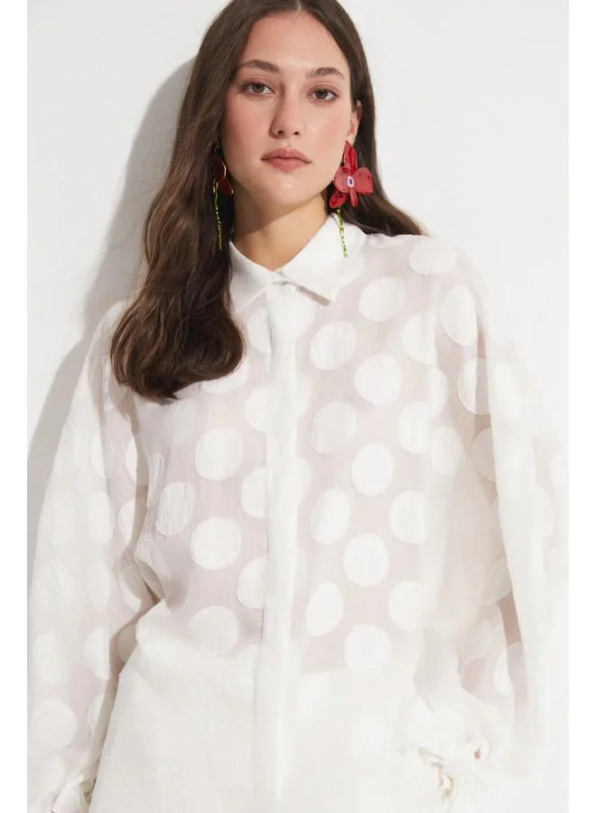 JUNE June Women Exclusive Oversize/Loose Fit Linen Blend Polka Dot Fited Shirt Ecru