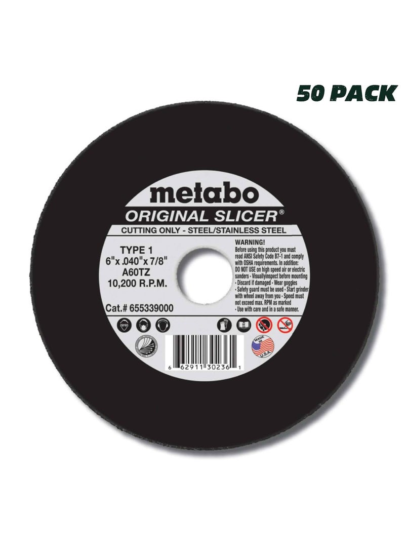 Metabo Metabo 655339000 50Pack  6inch Original Slicer Cutting Wheel  Type 1  6 x 040 x 78  A60TZ  Aluminum Oxide  Very Fast  Flexible  Steel Stainless Steel  - Image 2