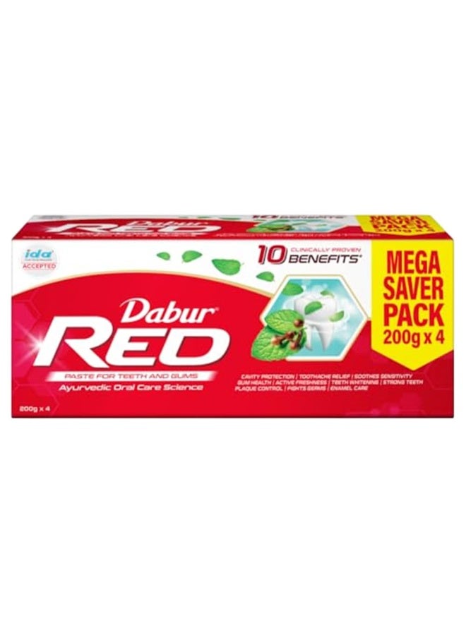 دابر معجون أسنان دابر ريد - 800 جرام (200 جرام × 4) | يوفر حماية من الجراثيم، وحماية من التجويف، وإزالة البلاك | يمنع نزيف اللثة، واصفرار الأسنان، وألم الأسنان، ورائحة الفم الكريهة - Image 1