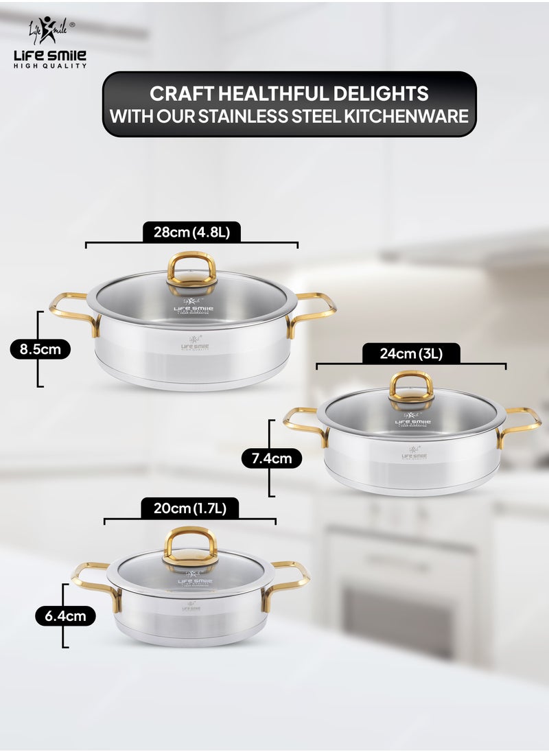 6-Piece President Series Premium 18/10 Stainless Steel Shallow Cooking Pot Set - Induction 3-Ply Thick Base Casserroles 20/24/28cm with Glass Lid for Even Heating Oven Safe Silver - pzsku/Z71058F28FE6CC2B6AFA7Z/45/_/1711521592/67a55622-f951-4ff0-bfe7-323f315500c2