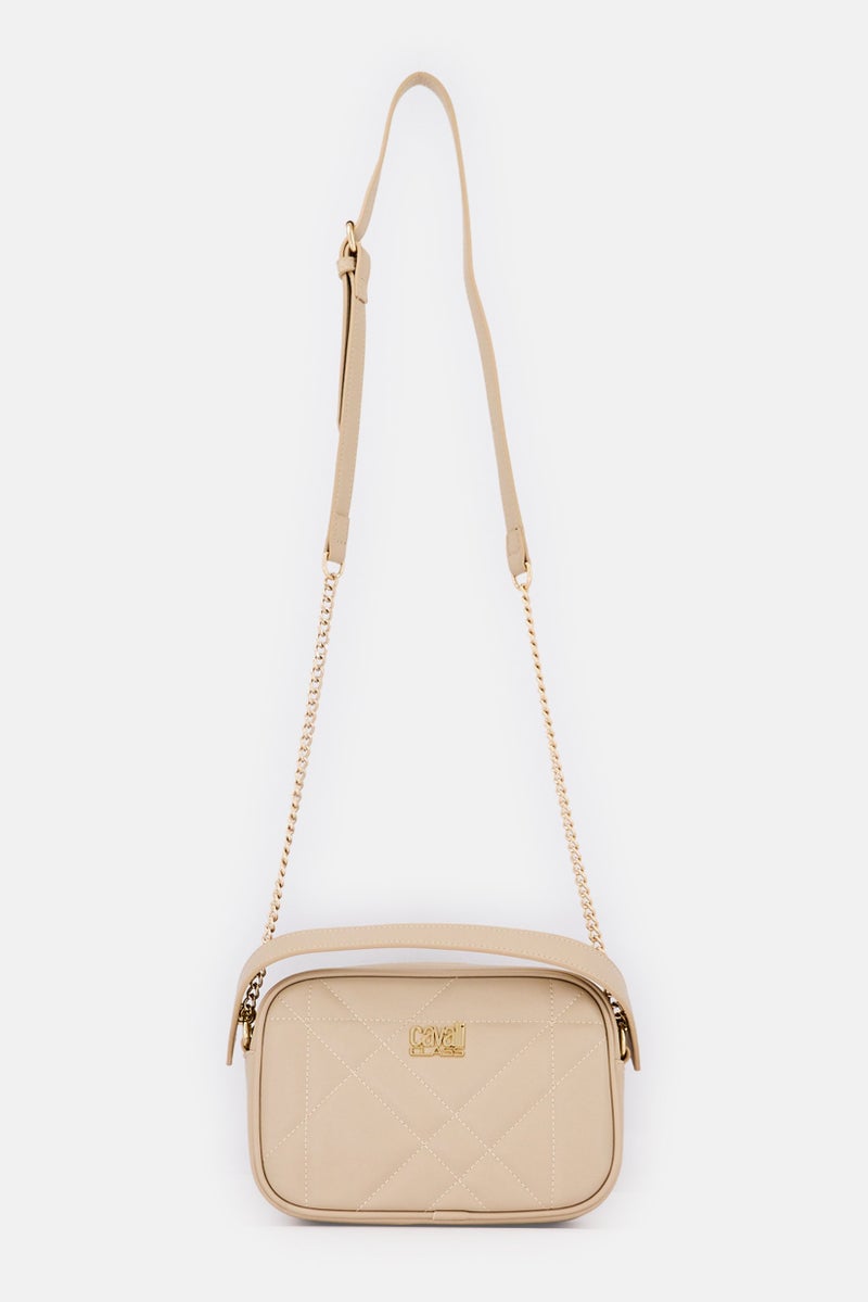 Cavalli Class Women Quilted Brand Logo Crossbody Bag, Beige  - Image 1