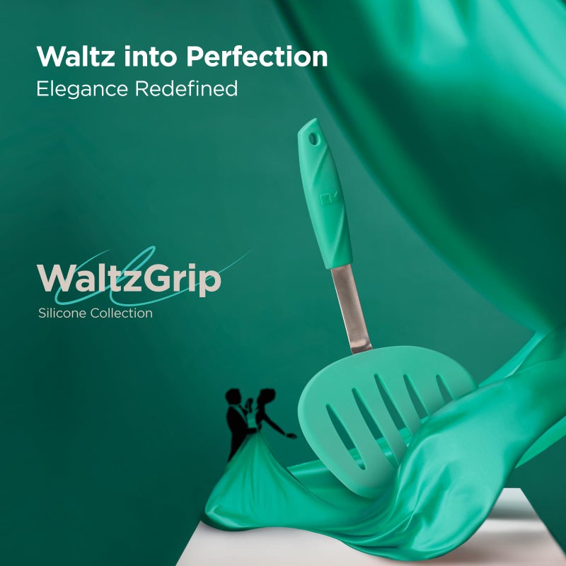 Kitchen Mama WaltzGrip Platinum Silicone Pancake Spatula Turner: Heat-Resistant  Slotted Tapered Head  Stainless Steel Core  Durable  Dishwasher-Safe  Ideal for Flipping and Wok Use (Teal) - Image 2