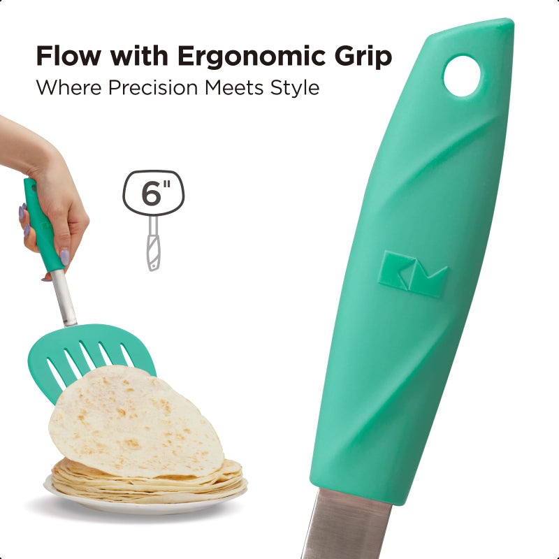 Kitchen Mama WaltzGrip Platinum Silicone Pancake Spatula Turner: Heat-Resistant  Slotted Tapered Head  Stainless Steel Core  Durable  Dishwasher-Safe  Ideal for Flipping and Wok Use (Teal) - Image 3