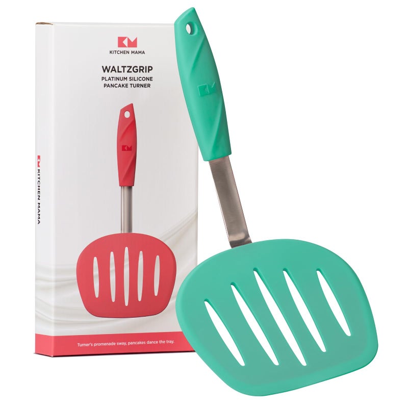 Kitchen Mama WaltzGrip Platinum Silicone Pancake Spatula Turner: Heat-Resistant  Slotted Tapered Head  Stainless Steel Core  Durable  Dishwasher-Safe  Ideal for Flipping and Wok Use (Teal) - Image 1