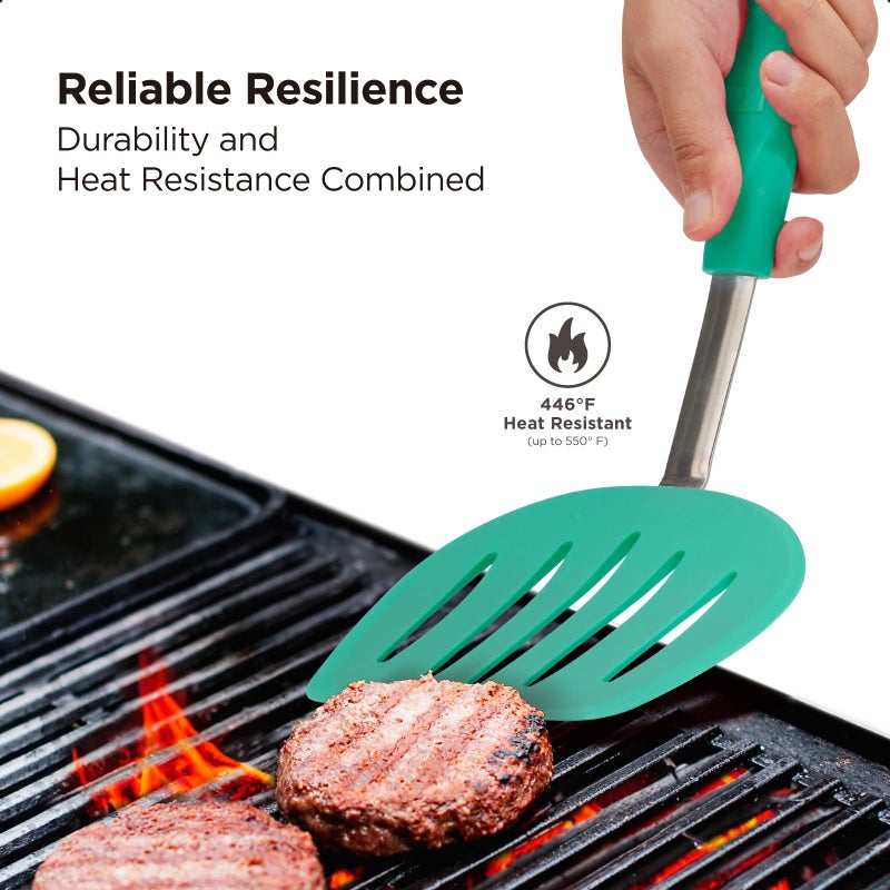 Kitchen Mama WaltzGrip Platinum Silicone Pancake Spatula Turner: Heat-Resistant  Slotted Tapered Head  Stainless Steel Core  Durable  Dishwasher-Safe  Ideal for Flipping and Wok Use (Teal) - Image 4