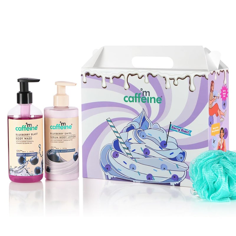 MCaffeine mcaffeine Blueberry Escape Bath  Body Gift KitBody Wash Body Lotion Teal LoofahGift Set For Men And WomenPampering Kit For Birthday Anniversary  All Special Occasions 100 Vegan - Image 1