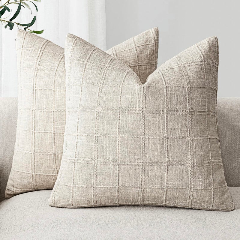 Foindtower Set of 2 Decorative Linen Check Throw Pillow Covers Neutral Farmhouse Vintage Cushion Covers Modern Boho Home Decor for Sofa Chair Couch Bedroom Living Room,18Ã—18 Inch,Natural Beige - Image 1