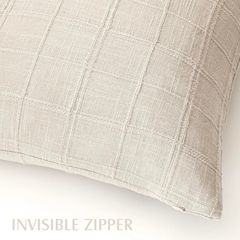 Foindtower Set of 2 Decorative Linen Check Throw Pillow Covers Neutral Farmhouse Vintage Cushion Covers Modern Boho Home Decor for Sofa Chair Couch Bedroom Living Room,18Ã—18 Inch,Natural Beige - Image 3