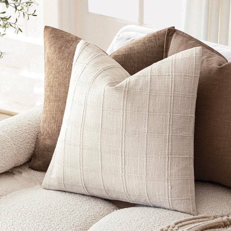 Foindtower Set of 2 Decorative Linen Check Throw Pillow Covers Neutral Farmhouse Vintage Cushion Covers Modern Boho Home Decor for Sofa Chair Couch Bedroom Living Room,18Ã—18 Inch,Natural Beige - Image 5