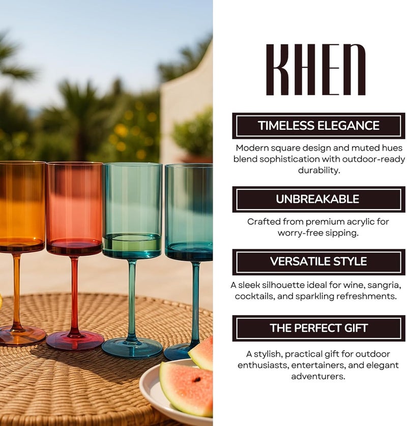 Khen Unbreakable Stemmed Square Tritan Acrylic Floating Wine Glasses European Style | Set of 4 | 100% US Drinkware, 18 oz Dishwasher Safe Muted Color Shatterproof BPA-free plastic, All Purpose Glassware - Image 5
