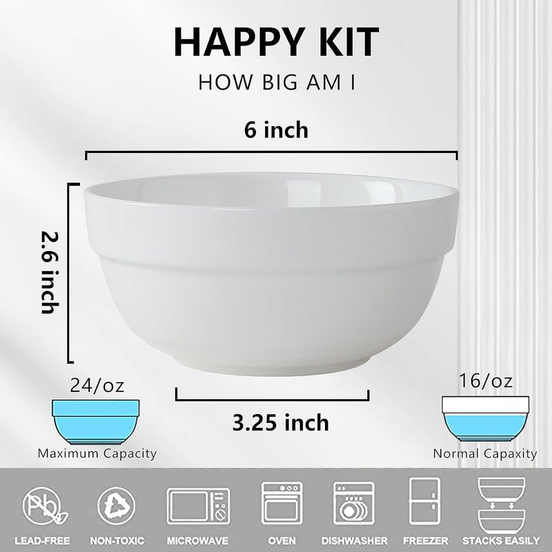 HAPPY KIT 6 Ceramic Soup Bowls Cereal Bowls Set of 6 24OZ White Bowls for Kitchen Serving Bowls for Cereal Soup Rice Pasta Salad Oatmeal Thickedge Nonslip Design - Image 2