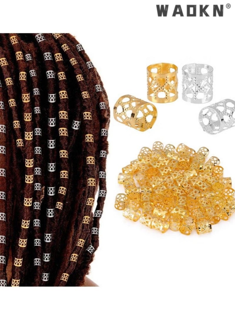 WAOKN 200PCS Dirty Braid Hair Rings,Braid Metal Cuff Ornaments Love Style Braid Ring Clip Hair Braid Beads Plated Cuff Clip For Synthetic Crochet Braiding Hair Decoration Accessories(gold,silver）  - Image 1
