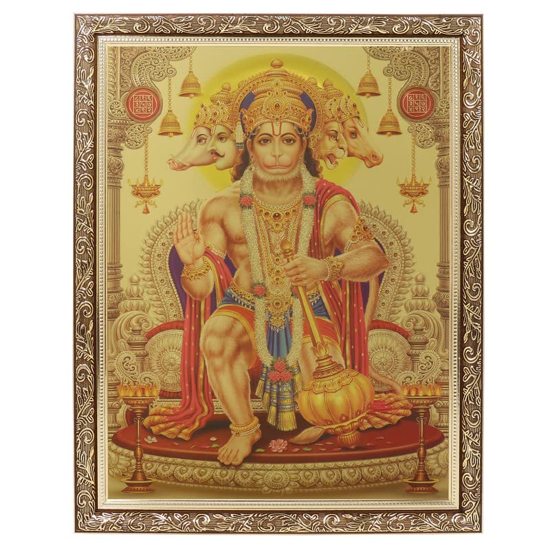 BM TRADERS Panchmukhi Hanuman Golden Foil Art Work Photo In Copper Gold Artwork Frame Big 14 X 18 Inches