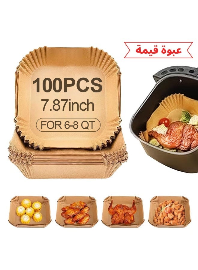FLUXHOM 100 PCS Air Fryer Disposable Paper Liners - Food Grade Parchment, Oil-Proof & Water-Proof Square Baking Paper for Baking Roasting Microwave(20cm/7.8inch) - Image 1