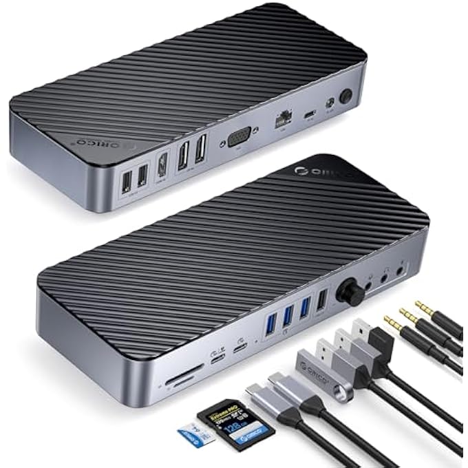 rayihni ORICO 20 IN 1 DOCKING STATION, TRIPLE DISPLAYS USB C HUB WITH 2 DP, HDMI, VGA, 60W PD, USB C 3.2 18W PD, TYPE C 3.2, 3 USB A 3.0, 3 USB A 2.0, RJ45, 3 AUDIO, SD/TF, VOLUME BUTTON - Image 1