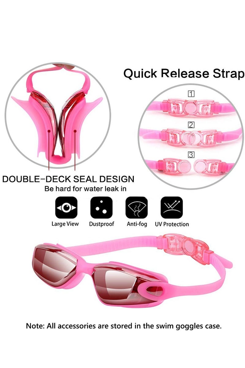 Swim Goggles Swimming Goggles No Leaking with Nose Clip, Earplugs, Swim Cap and Case for Men Women （Pink - Silver） - Image 2