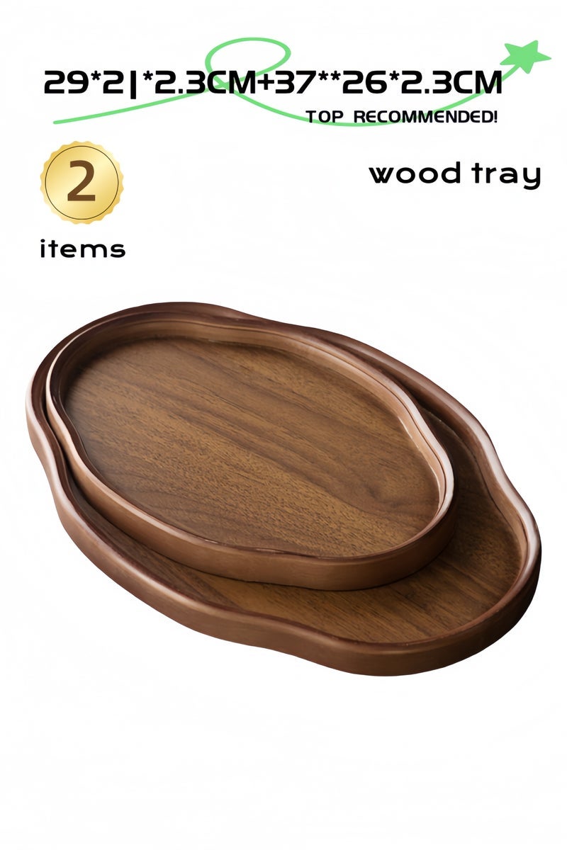 nihao 2 Pcs Large Black Walnut Wood Tray Set, Serve Tea, Coffee, Classic Circular Wooden Decorative Serving Tray with Raised Edges(Black Walnut-29*21*2.3CM+37**26*2.3CM) - Image 1
