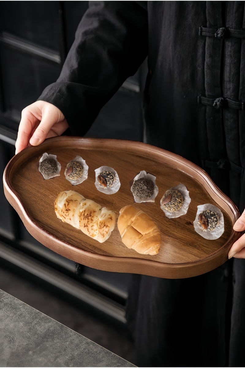 nihao 2 Pcs Large Black Walnut Wood Tray Set, Serve Tea, Coffee, Classic Circular Wooden Decorative Serving Tray with Raised Edges(Black Walnut-29*21*2.3CM+37**26*2.3CM) - Image 5