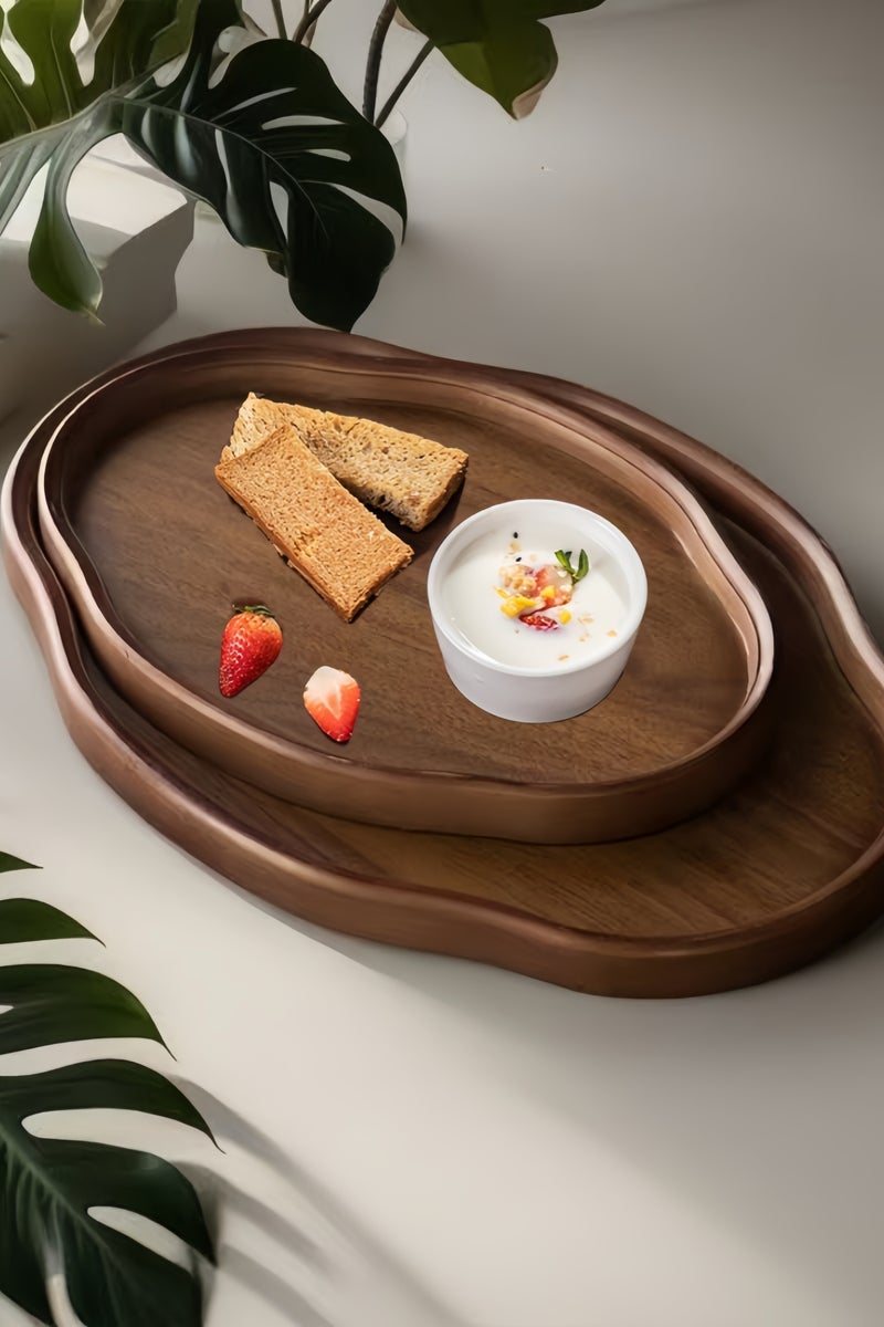 nihao 2 Pcs Large Black Walnut Wood Tray Set, Serve Tea, Coffee, Classic Circular Wooden Decorative Serving Tray with Raised Edges(Black Walnut-29*21*2.3CM+37**26*2.3CM) - Image 4