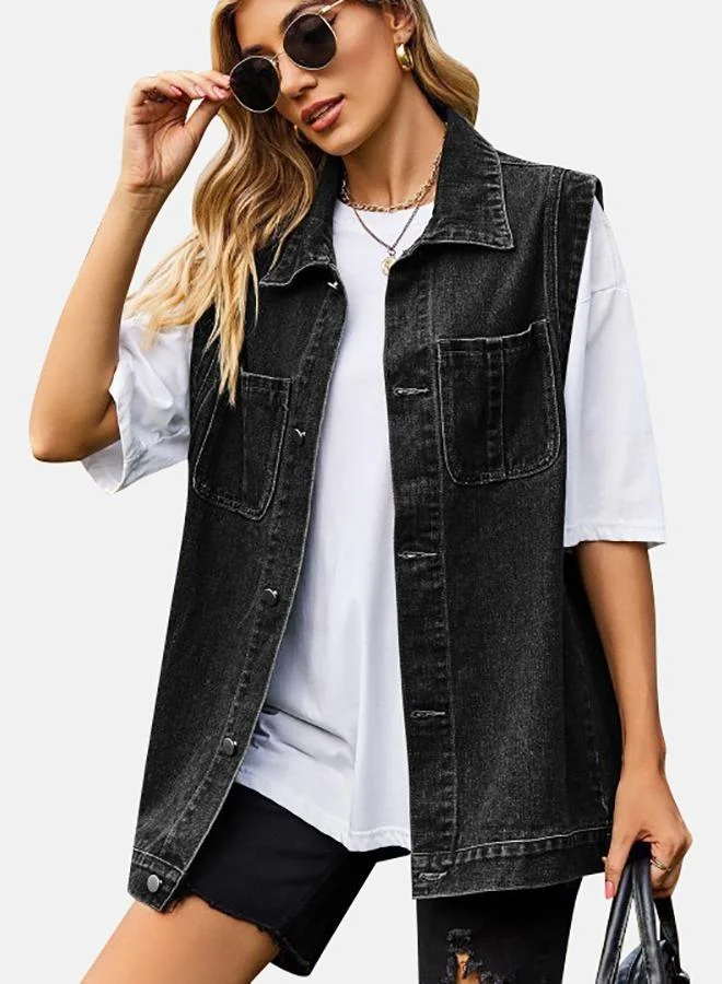 يونيكي Black Collared Sleeveless Denim Jacket