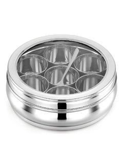 Ayda Stainless Steel Spice Box Round Masala Dabba with Transparent Lid and 7 Jars 7.5inches  - Image 1