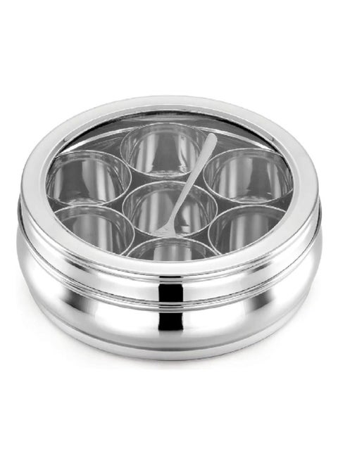 Stainless Steel Spice Box Round Masala Dabba with Transparent Lid and 7 Jars 7.5inches