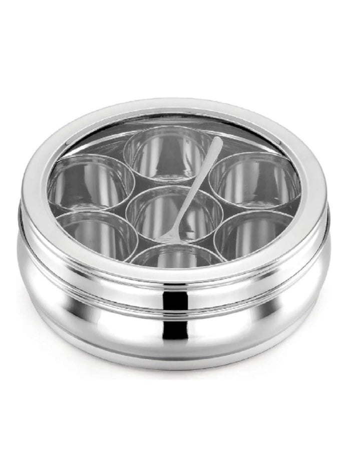 Ayda - Stainless Steel Spice Box Round Masala Dabba with Transparent Lid and 7 Jars 7.5inches - Image 1