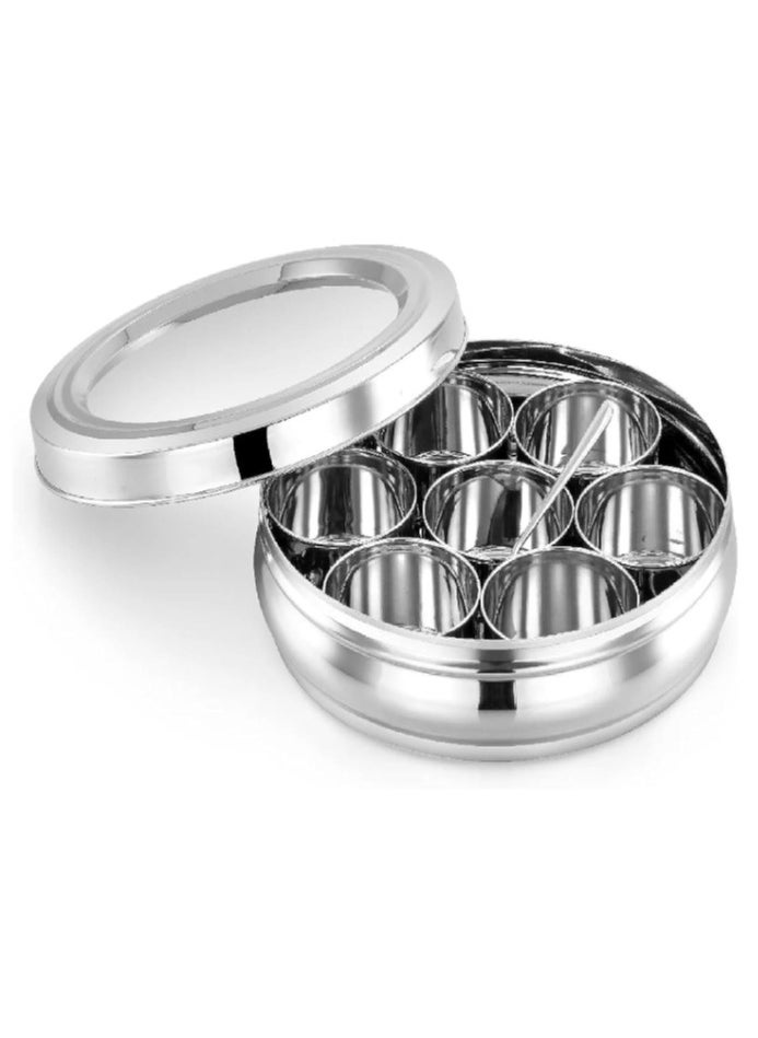 Ayda - Stainless Steel Spice Box Round Masala Dabba with Transparent Lid and 7 Jars 7.5inches - Image 1