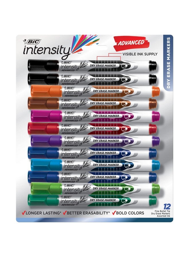 بيك أقلام تحديد Intensity Advanced الملونة القابلة للمسح الجاف، برأس رصاصي، عبوة من 12 قطعة بألوان متنوعة، أقلام تحديد السبورة البيضاء للمعلمين ولوازم المكتب - Image 1