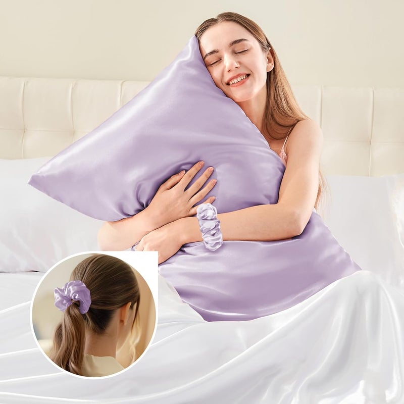 BEDELITE Satin Cushion Cover, Set of 2, 40 x 60 cm, Lavender | Silk Pillowcase Alternative, Soft for Summer, 2 Hair Bobbles Included, for Hair and Skin - Image 5