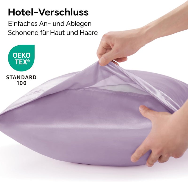 BEDELITE Satin Cushion Cover, Set of 2, 40 x 60 cm, Lavender | Silk Pillowcase Alternative, Soft for Summer, 2 Hair Bobbles Included, for Hair and Skin - Image 2